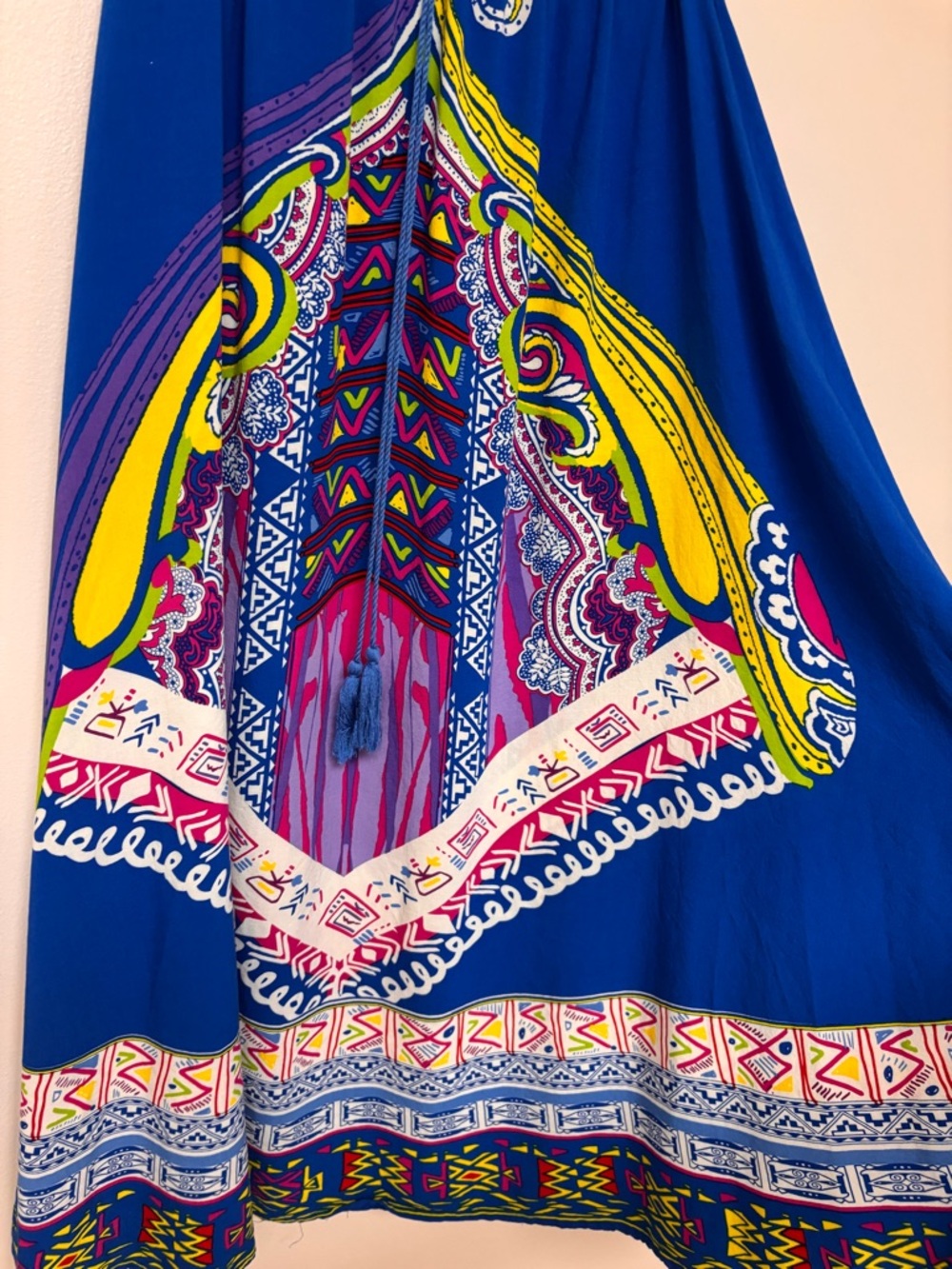Boho Tribal Print Maxi Skirt Blue Multicolor Elastic Waist Statement Artsy L - Picture 4 of 9